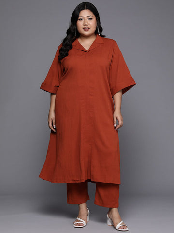 Varanga Women Plus Size Rust Shirt Collar Neck A-Line Kurta Paired With Tonal Bottom